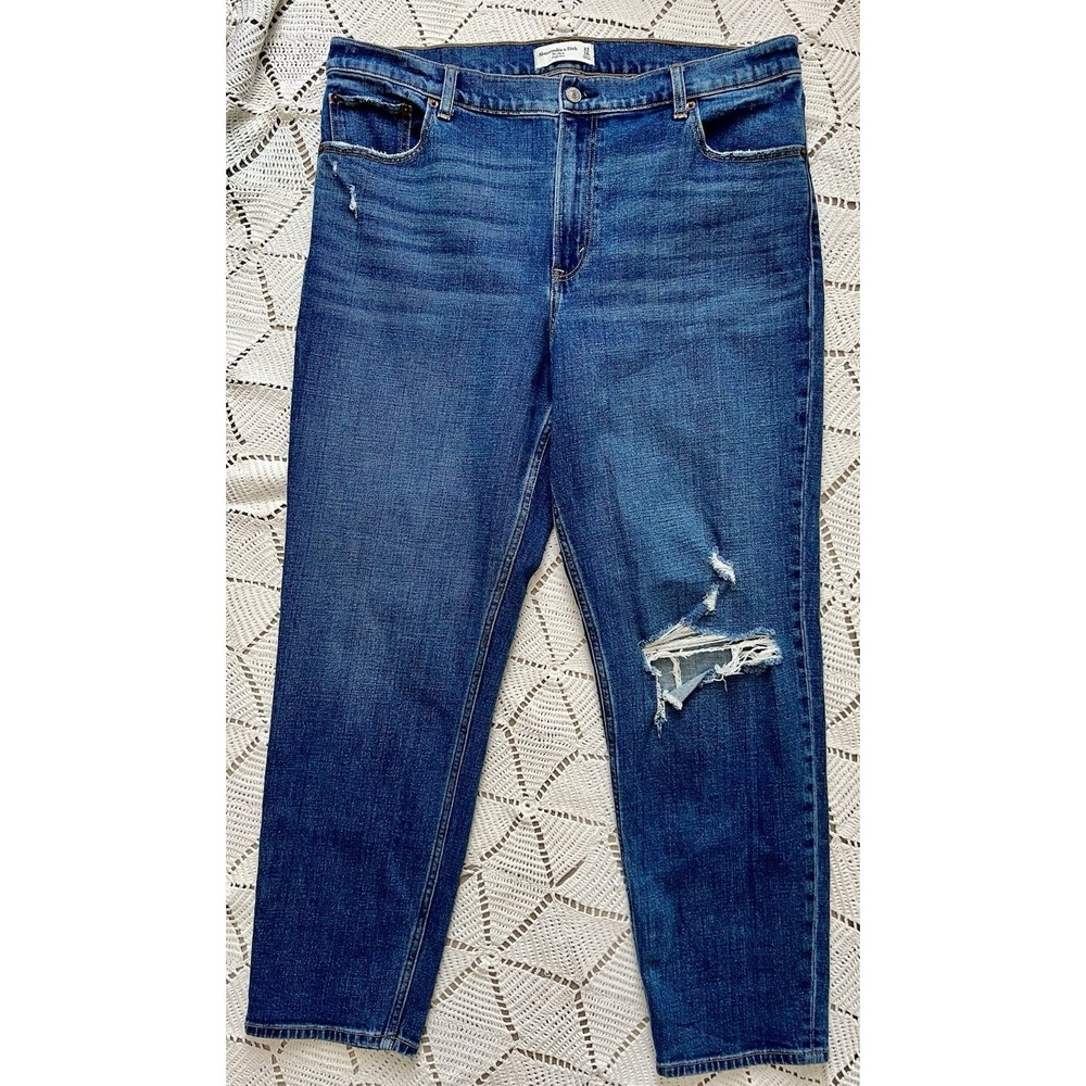 Abercrombie & Fitch 99% Cotton‎ High Rise Mom Jean Distressed Blue Denim Size 16